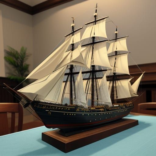 A Model Ship Situated on a Table in a Realistic Setting
