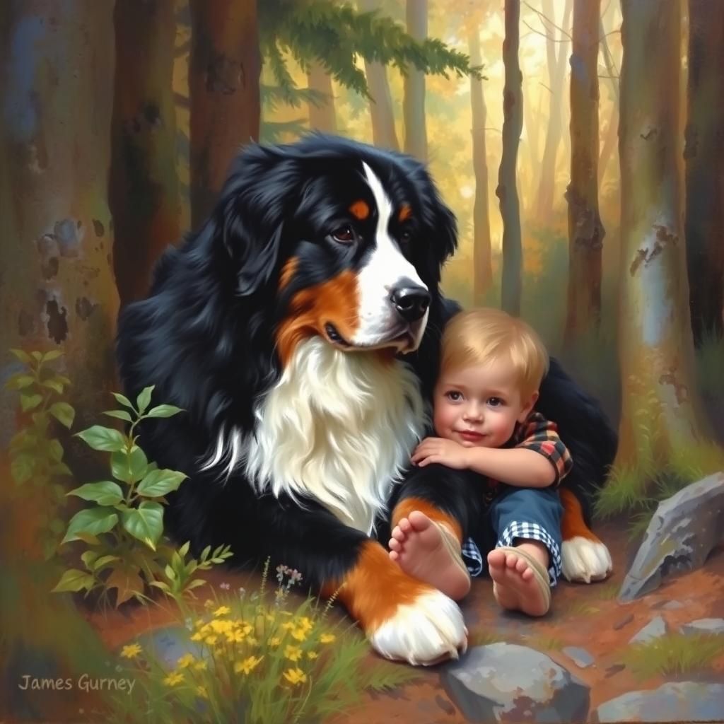 Loyal Bernese Mountain Dog Protects Lost Boy: Oil Painting