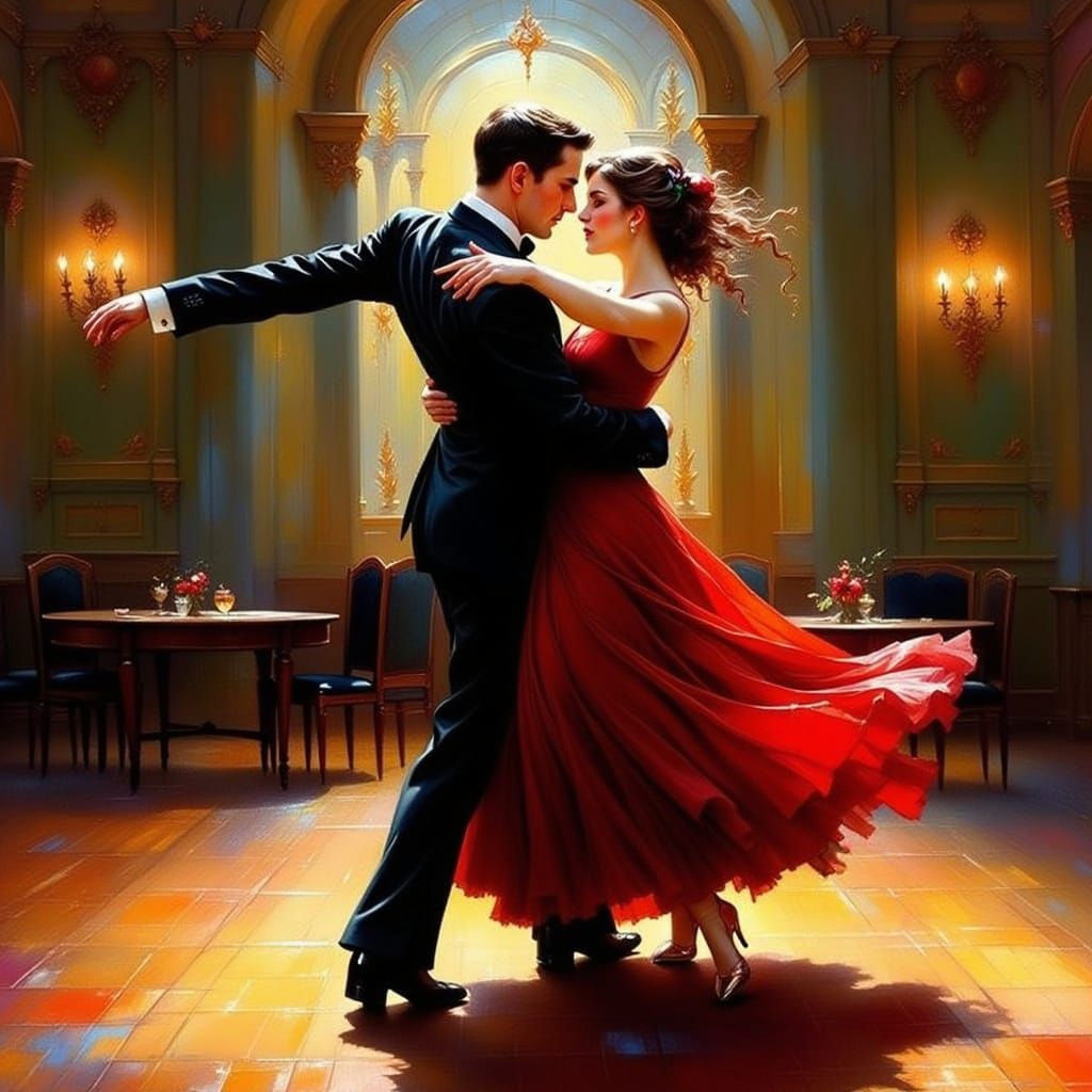 Elegant Tango Couple Dancing in Grand Ballroom