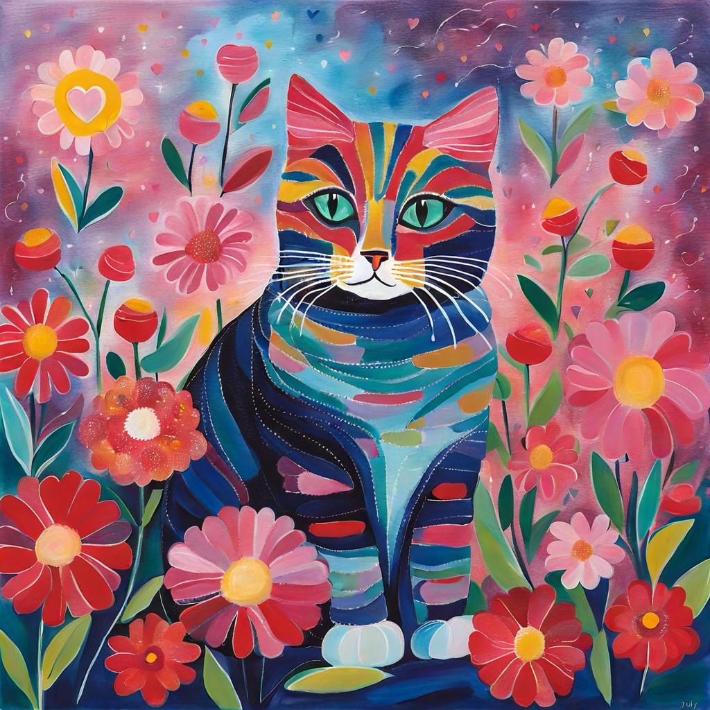 Abstract Cat Painting with Heart Lights