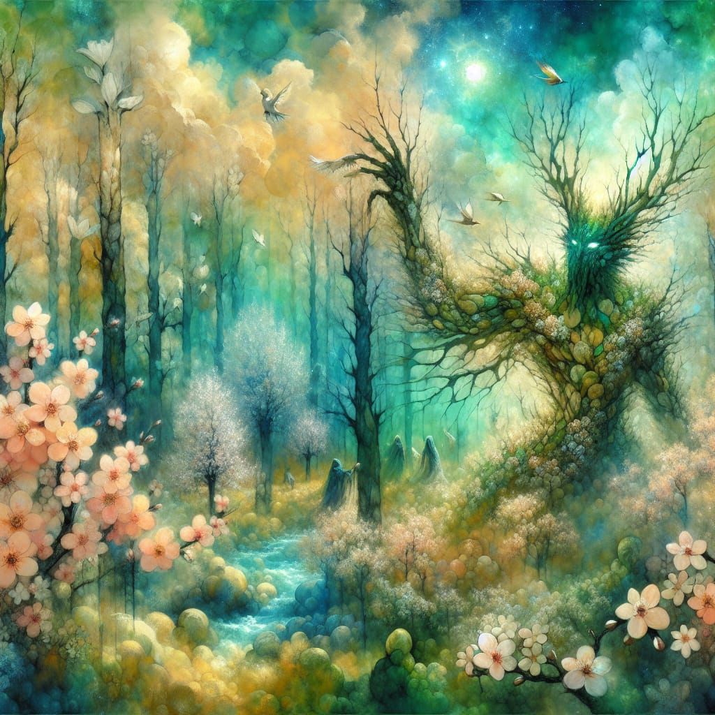 A Tree Creature Awakens in Vibrant Spring Landscape