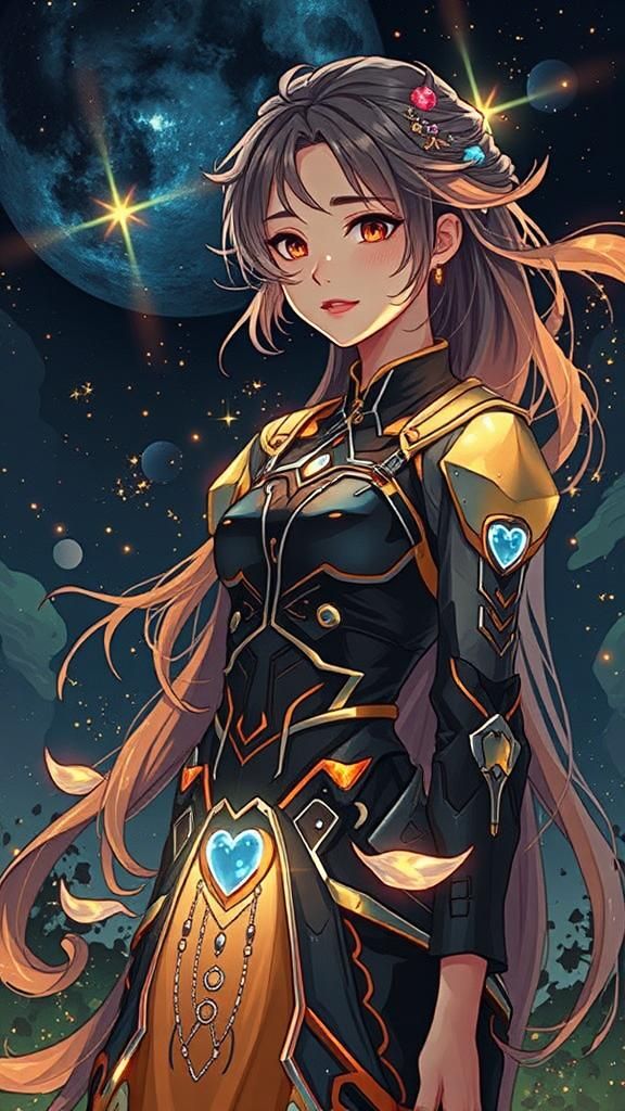 A lithe, anime-inspired humanoid dancer, clad in Tron-esque, waist-centered armor with flowing, iridescent accents