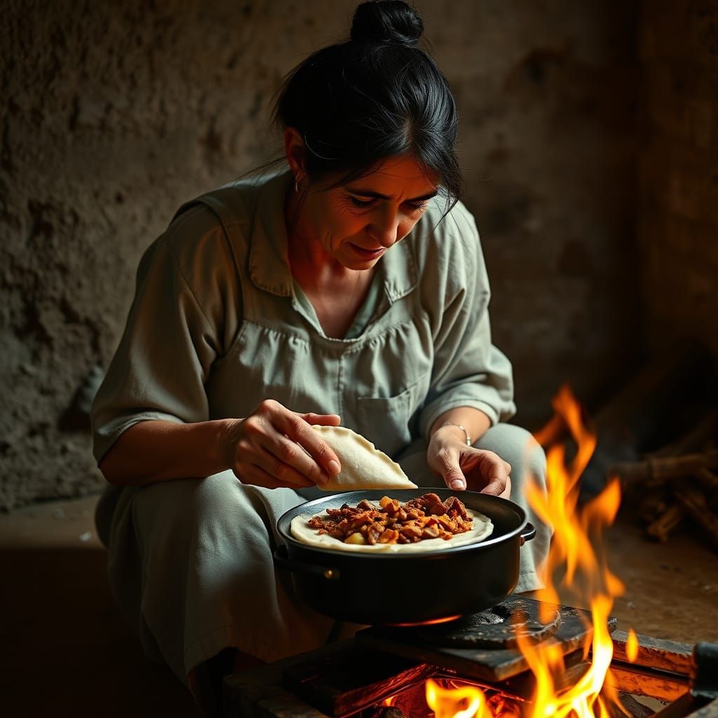 Spanish Peasant Woman Crafts Traditional Empanada
