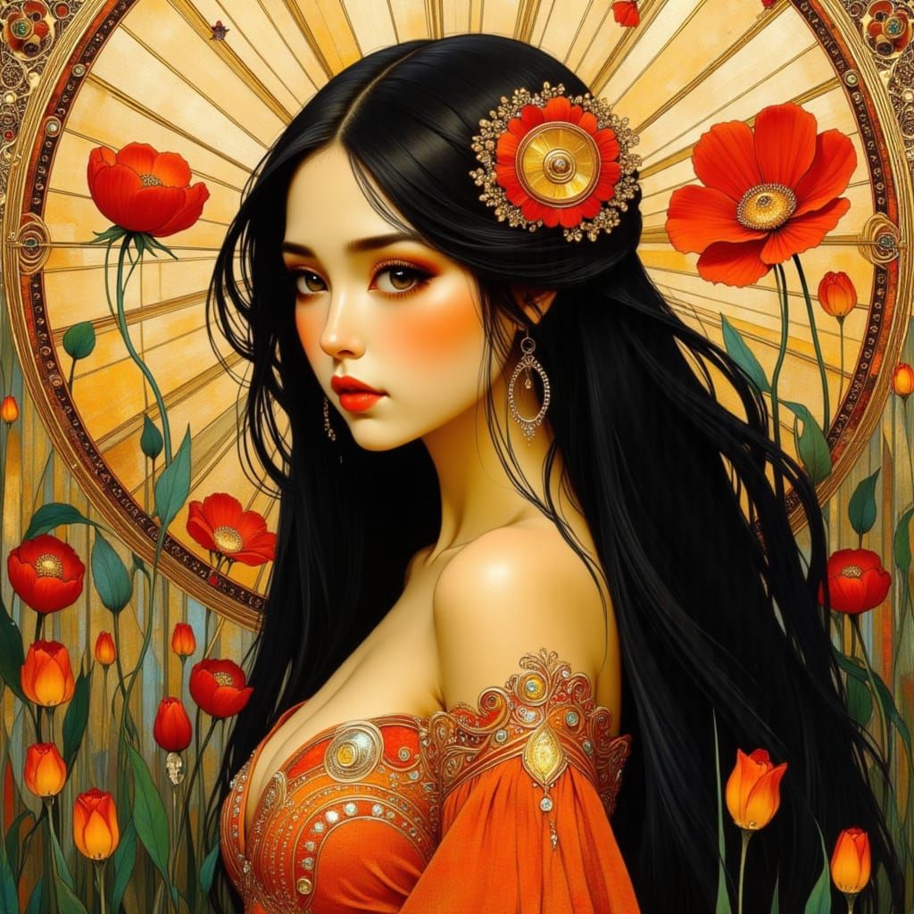 Art Nouveau & Deco Woman in Orange Dress