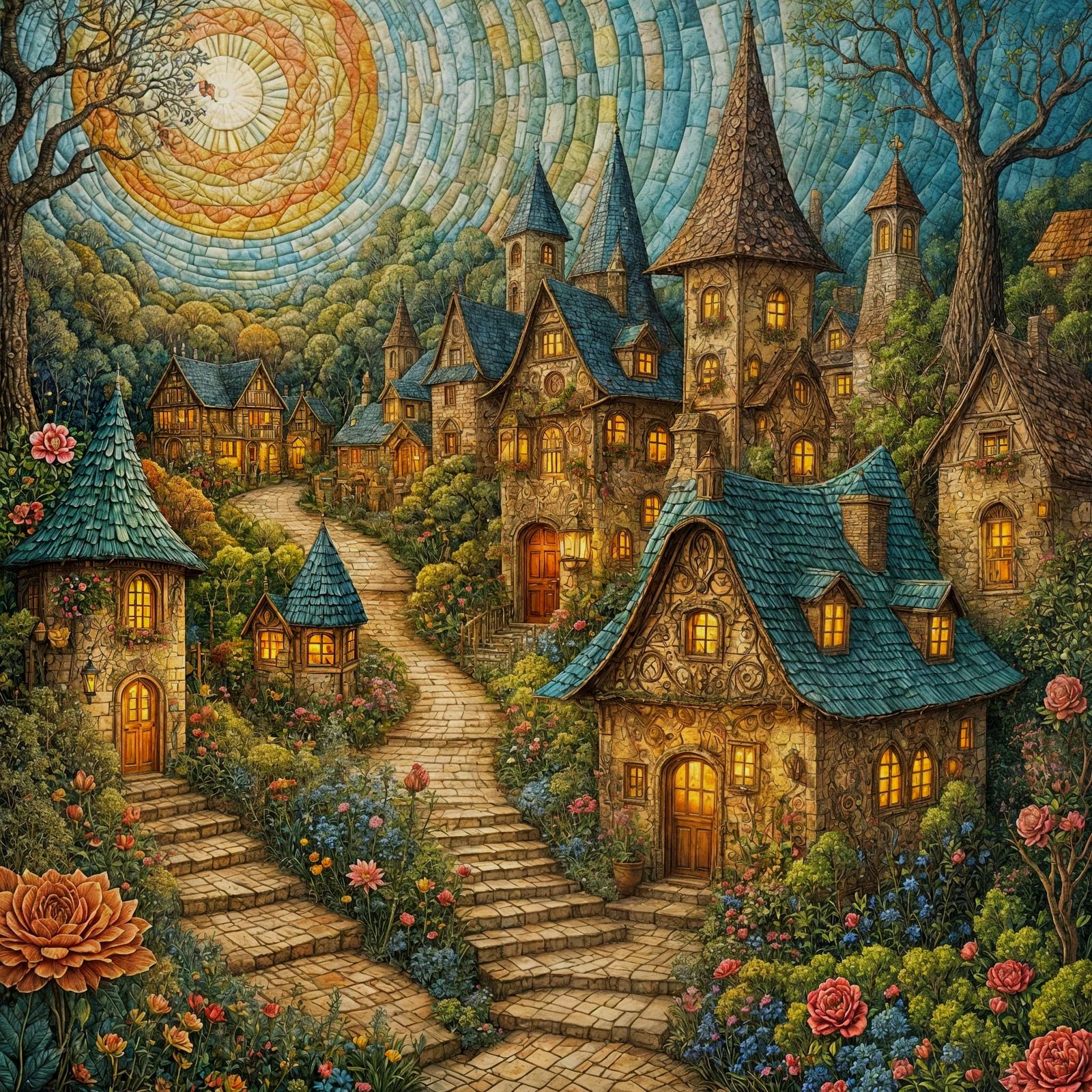 Whimsical Village in Surreal Alcohol Ink Collage Style