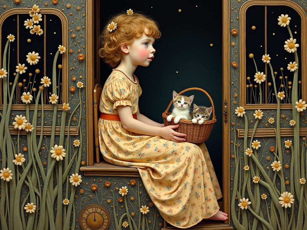 Girl on Train with Kittens: Klimt-Inspired Art