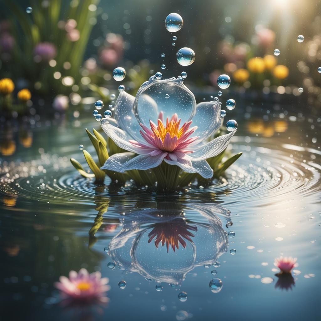 Translucent Water Elemental in Pond: Hyperrealistic Splash A...