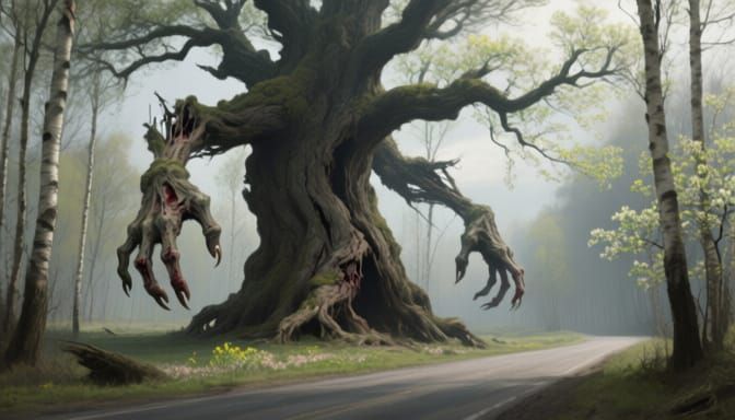 Ancient Oak Tree's Bitter Defiance in Spring Matte Painting