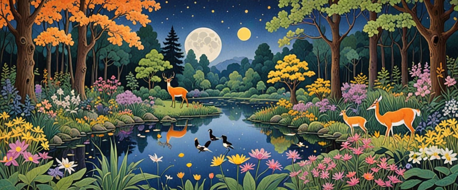 Mystical Forest Glade in Naive Folk Art Style