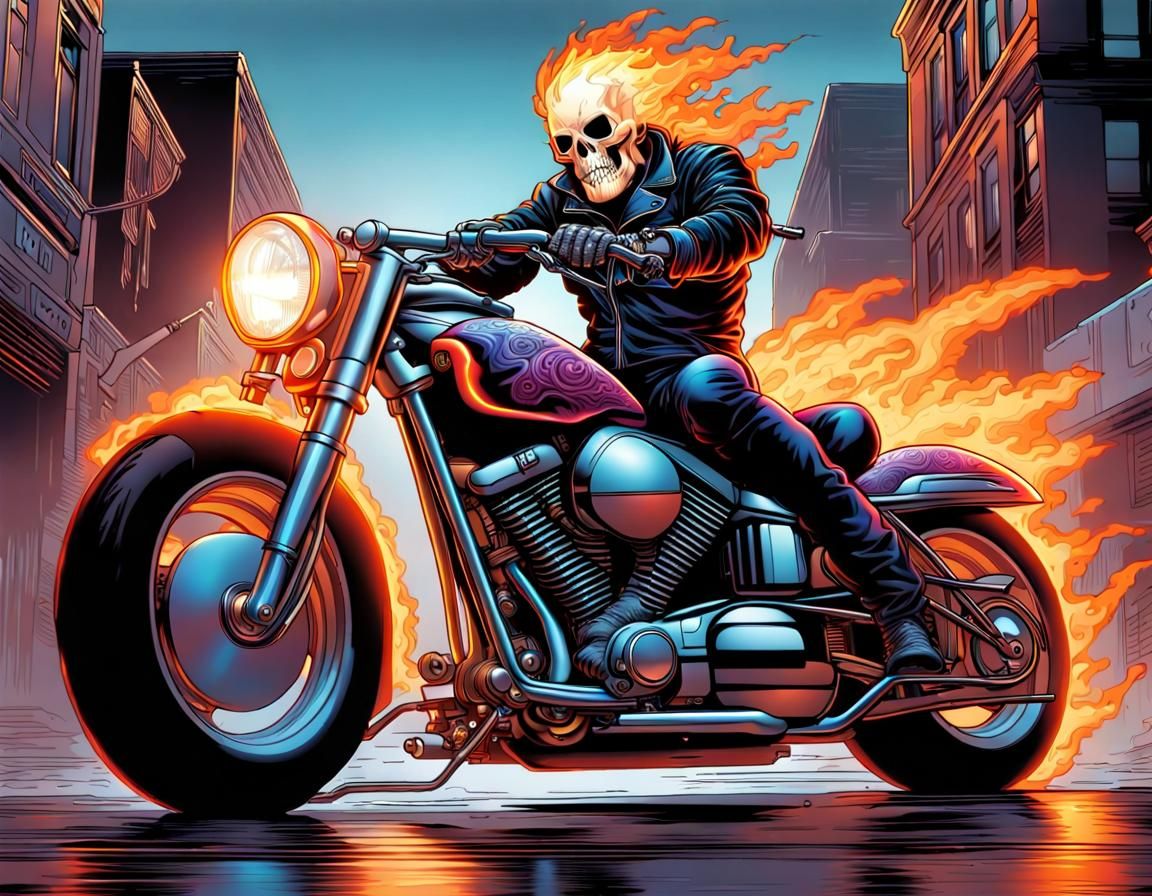 Cute Ghost Rider on Colorful Motorbike