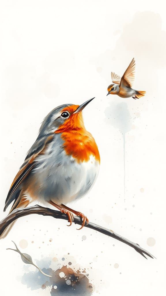 Robin's First Flight: Expressive Watercolor Scene