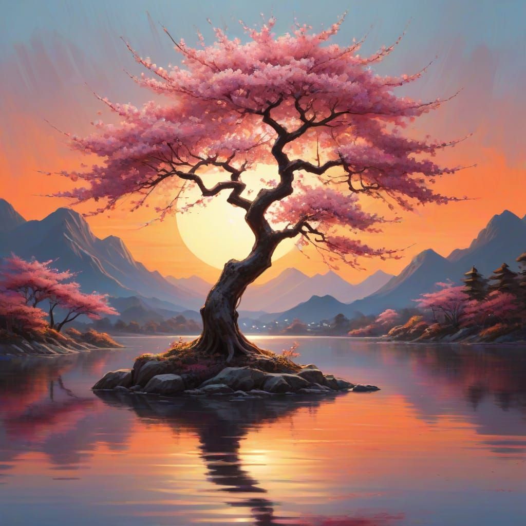Vibrant Blossom Tree Lake Sunset in Abstract Japanese Style