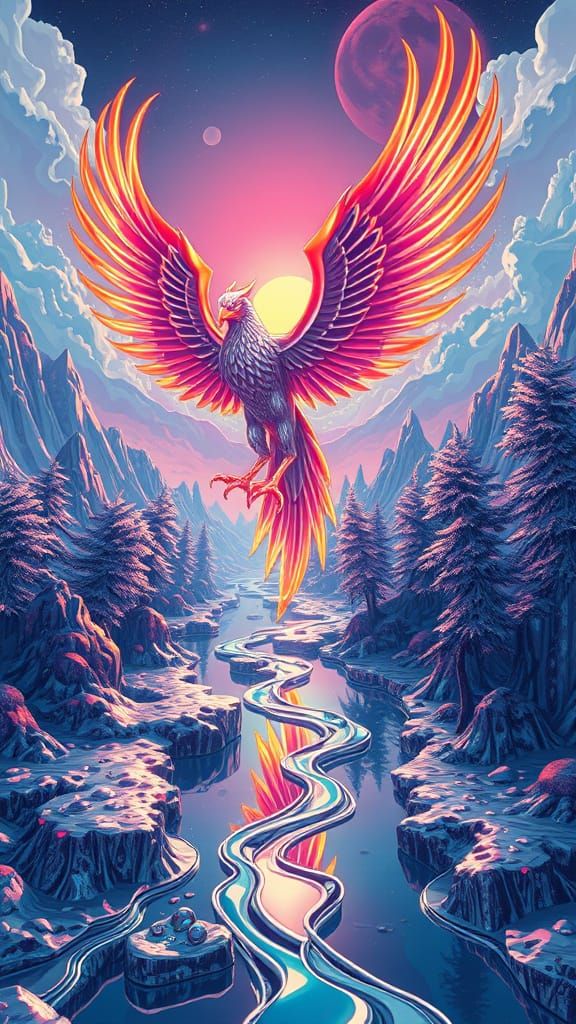 Surreal Futuristic Phoenix Rises in Neon Dreamscape