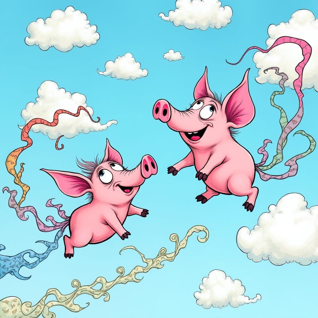 Fantastical Pigs Soar Through Whimsical Skies