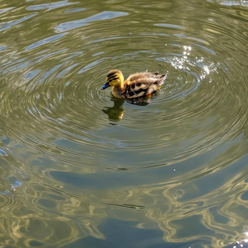 Cute Duckling Playing in Lake with Sunshine