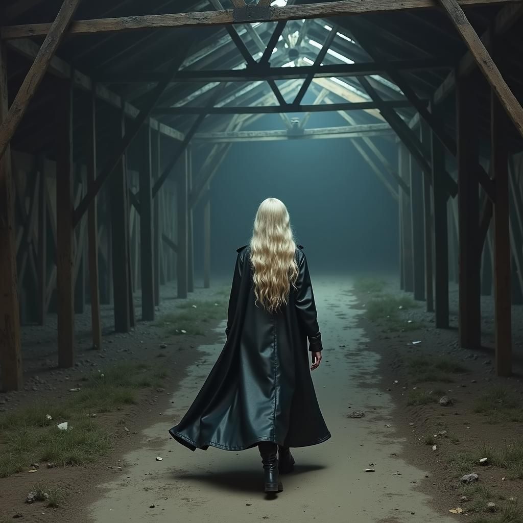 Woman in Barn at Night in Dark Mystical Realism