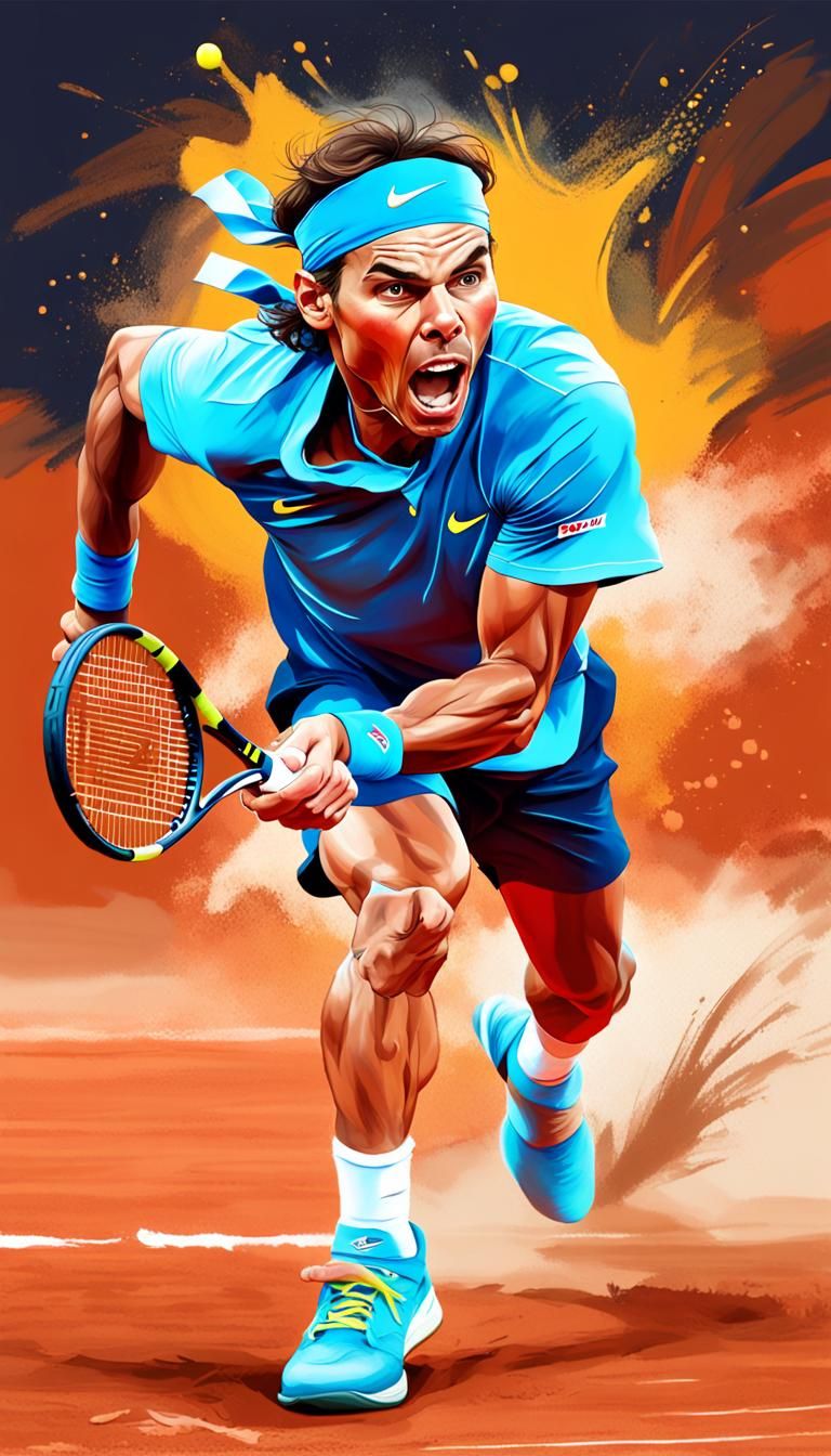 Rafael Nadal in exaggerated caricature form, forehand stroke in mid-swing, clay court dust rising beneath his feet, focu...