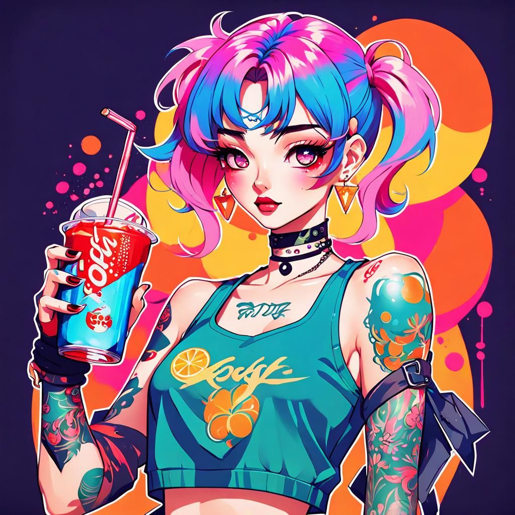 Soda-Themed Anime Girl in 80s Style