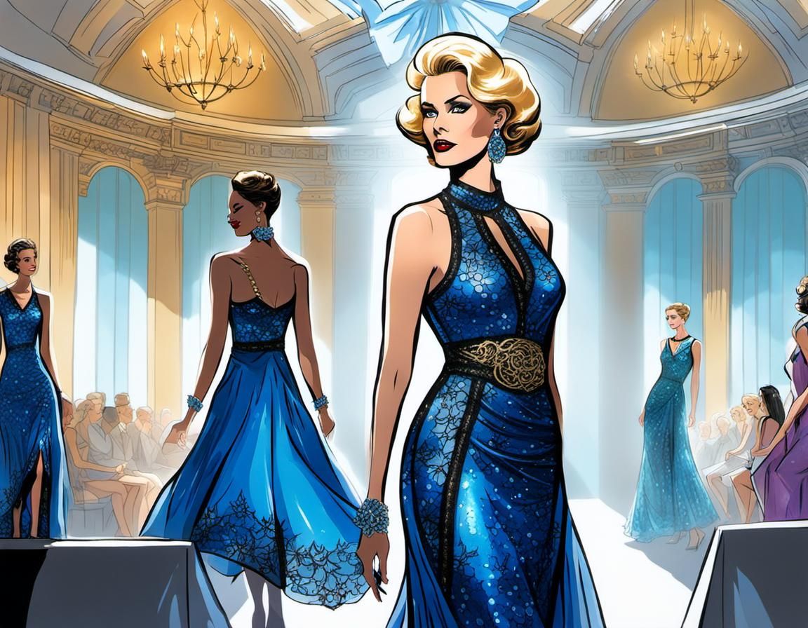 Col Wilma Deering models a glamorous blue glass dress