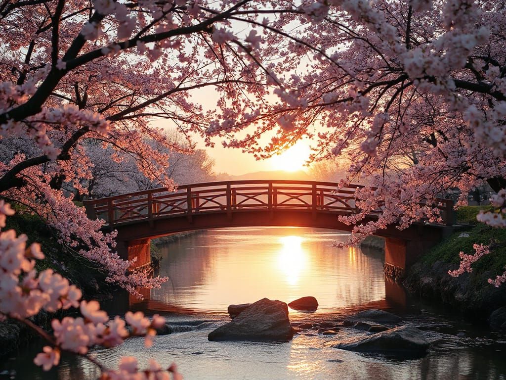 Blossoming Cherry Tree Footbridge at Sunset