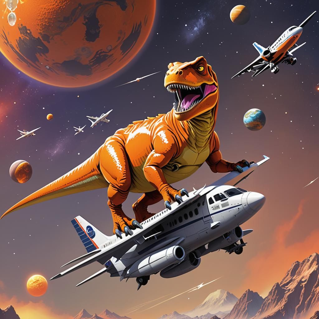 Orange T-Rex Rides Airplane to Exoplanet