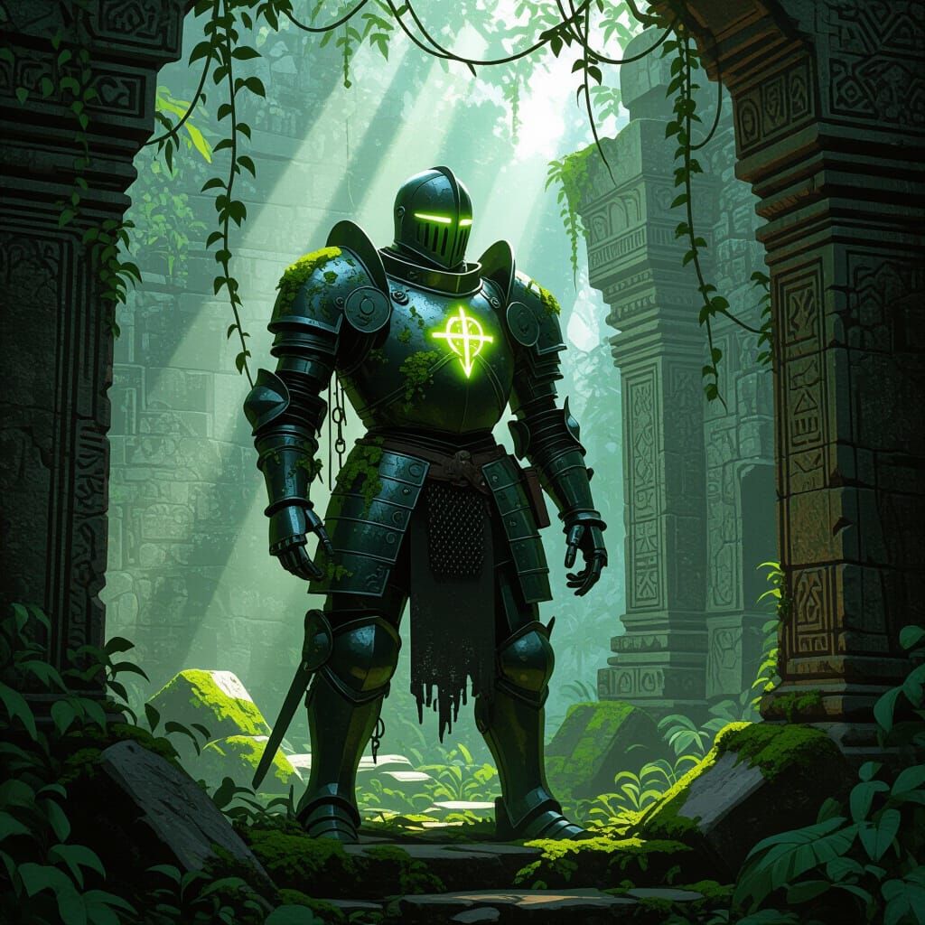 Moss-Covered Automaton Knight in Ruined Temple