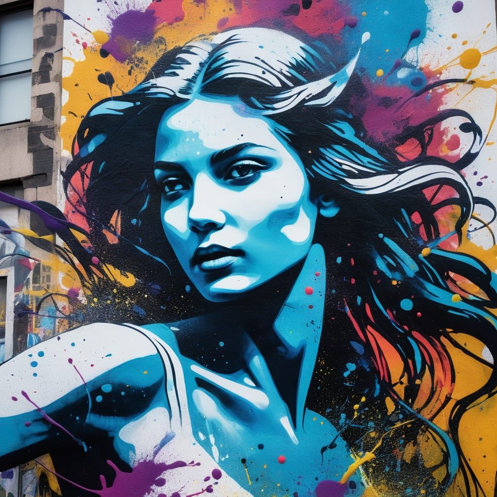 Siren in Motion: Street Art Mural in Mixed-Media Style
