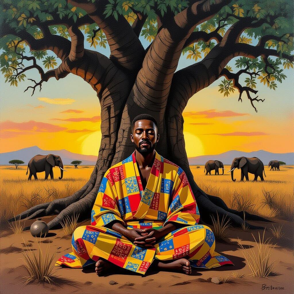 Kenyan Twilight: African Man Under Baobab Tree