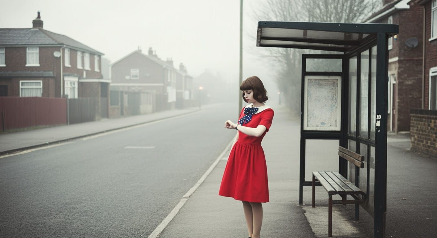 Elegant Woman Stands at a Nostalgic Bus Stop in 1960s Britis...