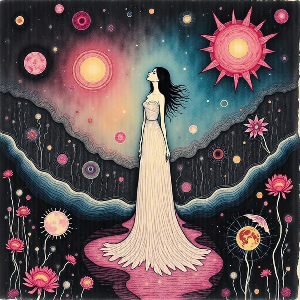 Mystical Woman in Dreamlike Etching Style