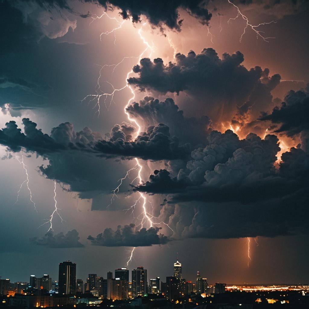 Dramatic Night Cityscape Illuminated by Lightning