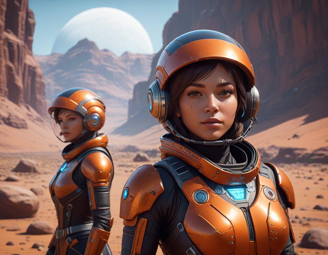 Martian Settlers Explore Valley with Futuristic City and Jup...