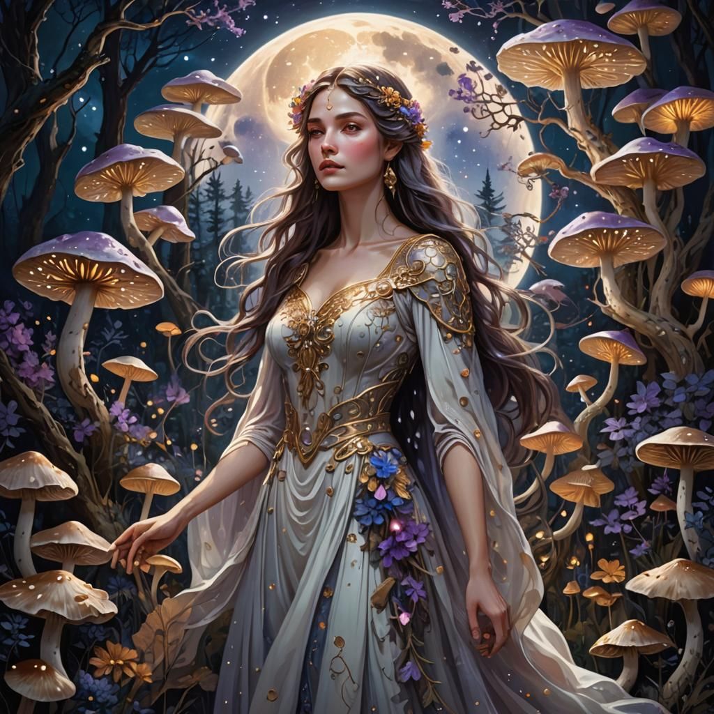 Moonlit Woman in Enchanted Forest: Fantasy Art