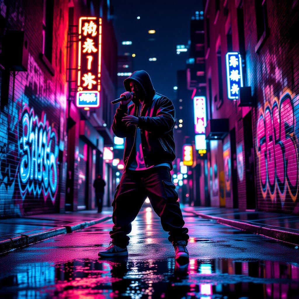 Rapper Performs on Neon-Lit Urban Stage in 90s Hip Hop Style
