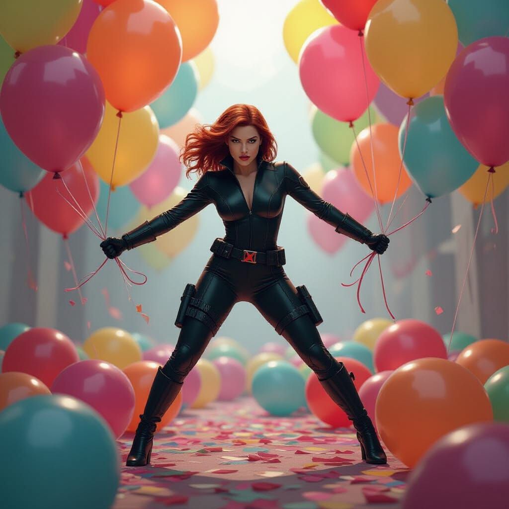 Black Widow Stomping Balloons in Cinematic Style