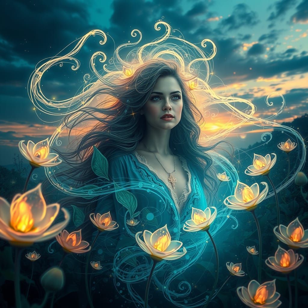 Mystical Woman in Ethereal Garden, Digital Matte Painting