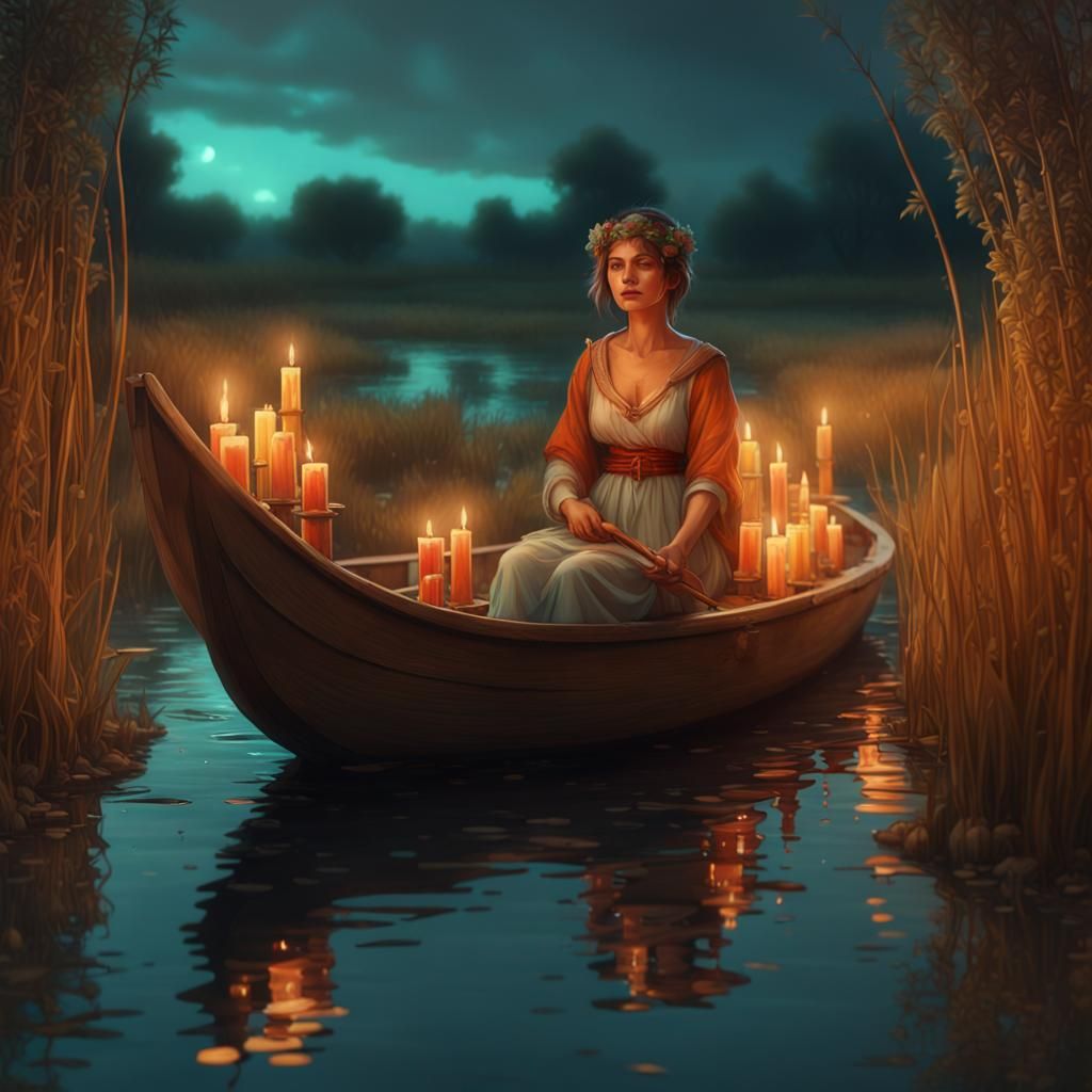 Babylonian Maiden on Creek with Candles, Art Nouveau