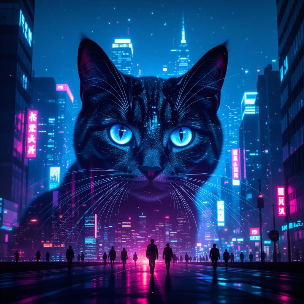 Surreal Cat Silhouette Filled With Glowing Cyberpunk City