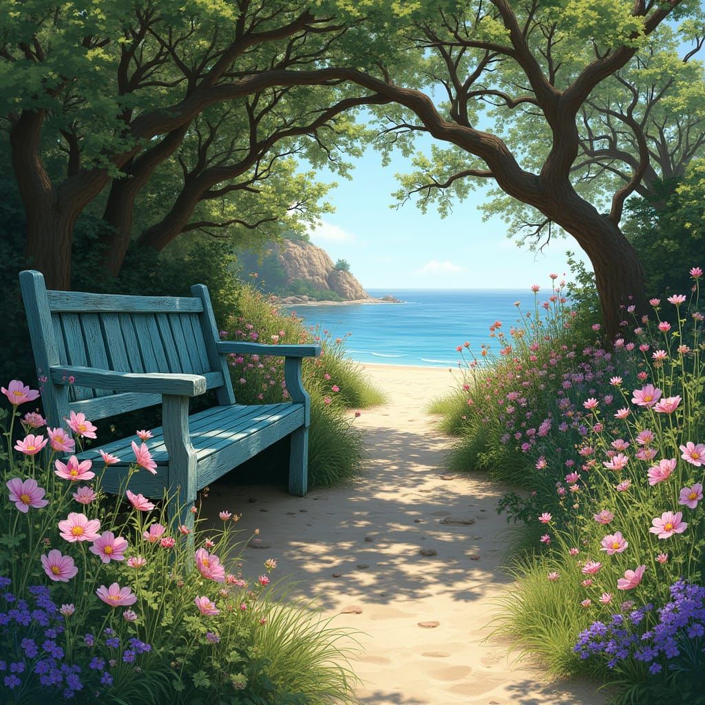 Enchanted Garden Oasis with Vibrant Blooms and Turquoise Ben...