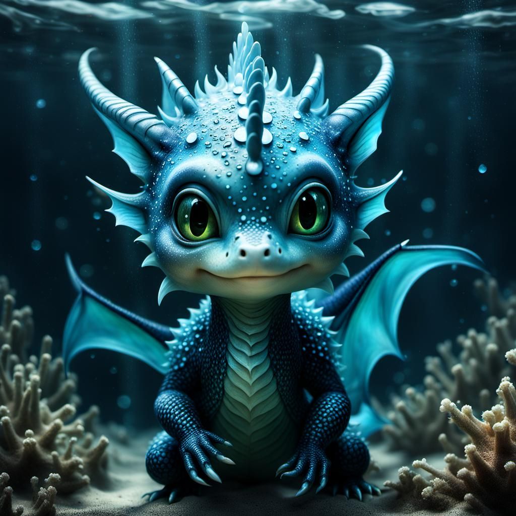 Cute Baby Ocean Dragon Portrait in Surreal Style