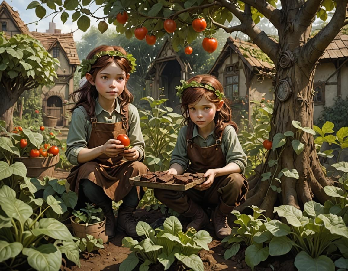Two young Brownies working together in a vegetable garden.