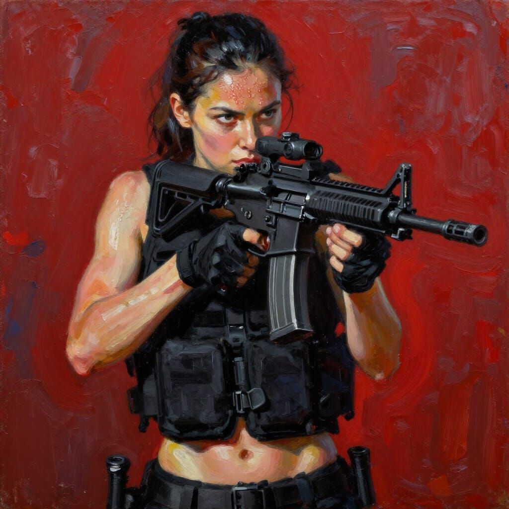 Athletic Woman in Tactical Vest with Red Abstract Overlay