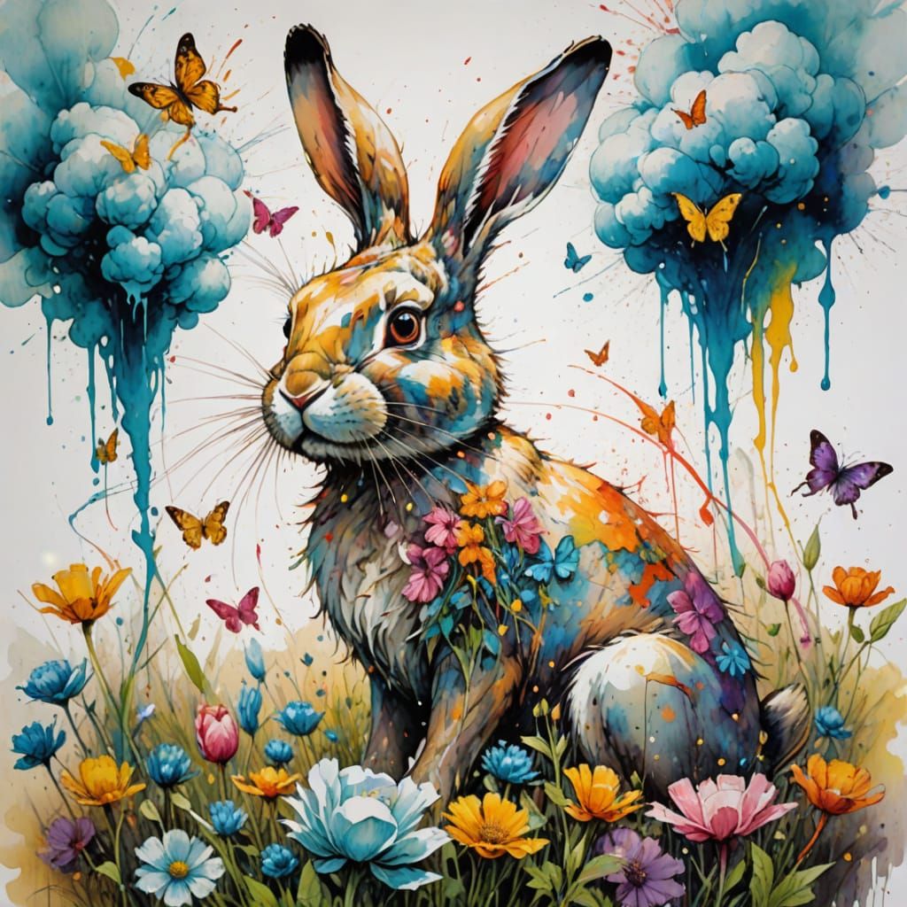 Surreal Bunny Floats in Melting Carrot Sky