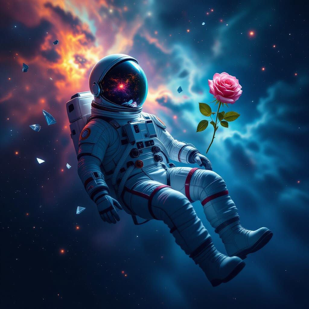 Astronaut in Obsidian Armor Amidst Cosmic Nebulae