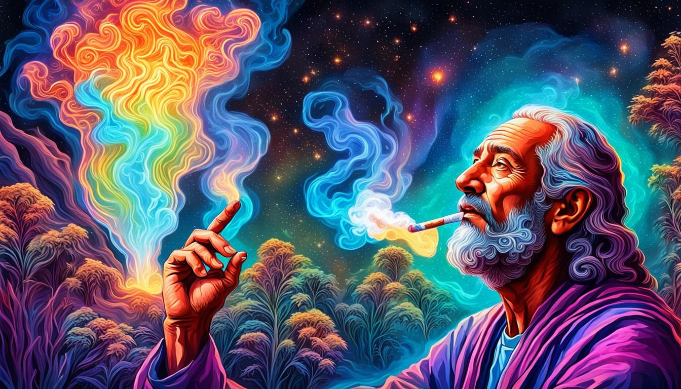 Moses smoking a joint and talking to God through burning bush