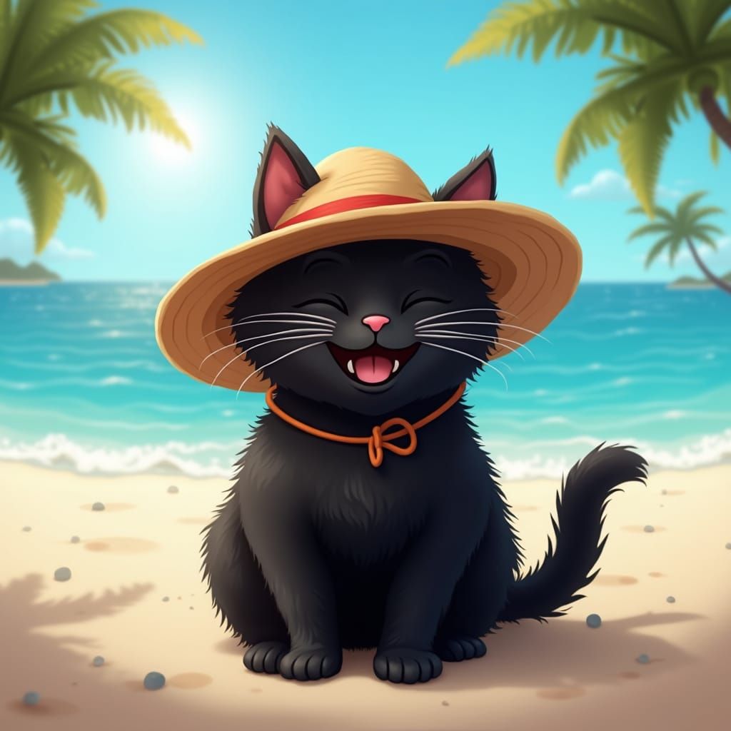 Smiling Black Cat Relaxing on Tropical Beach