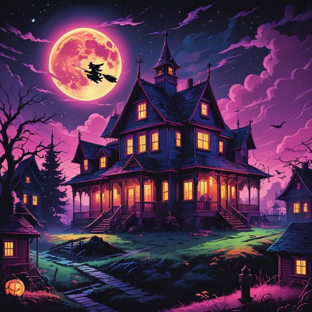 Synthwave Witch Over Haunted House in Neon Landscape