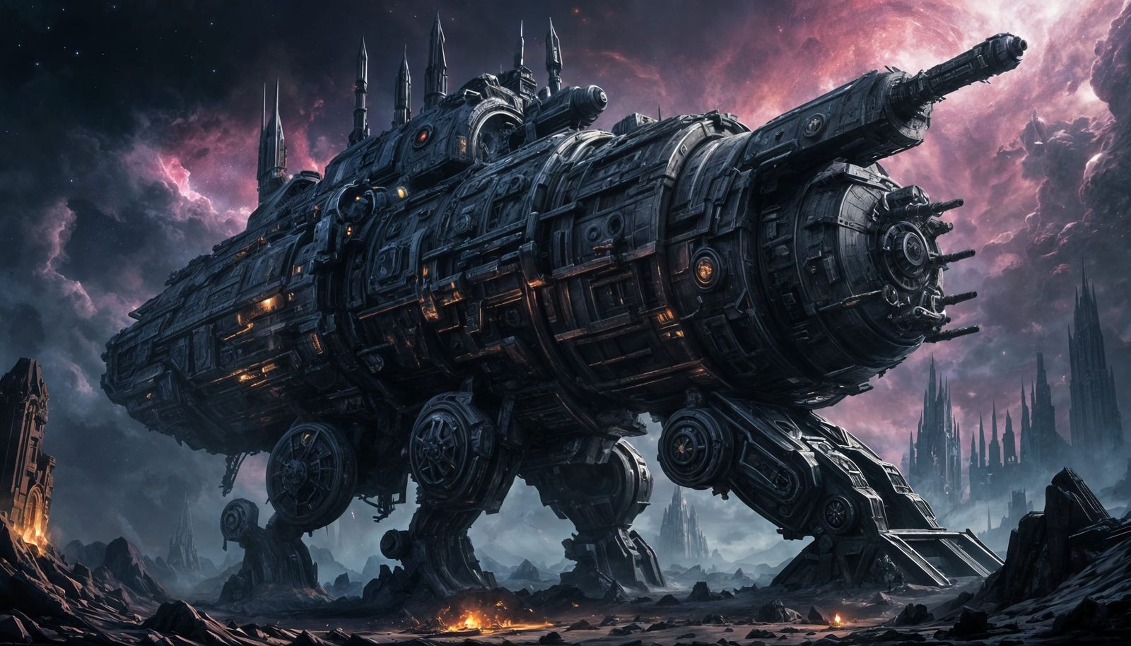 Grimdark Gothic Starship Drifting Through Nebula