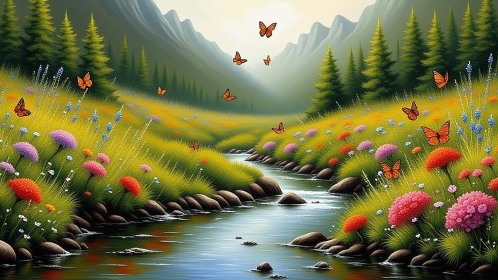 Mountain Meadow with Butterflies in Impressionist Style