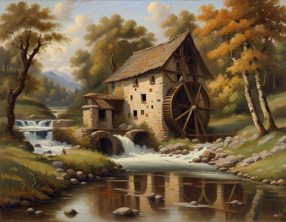 Watermill Landscape in Oil Painting Style